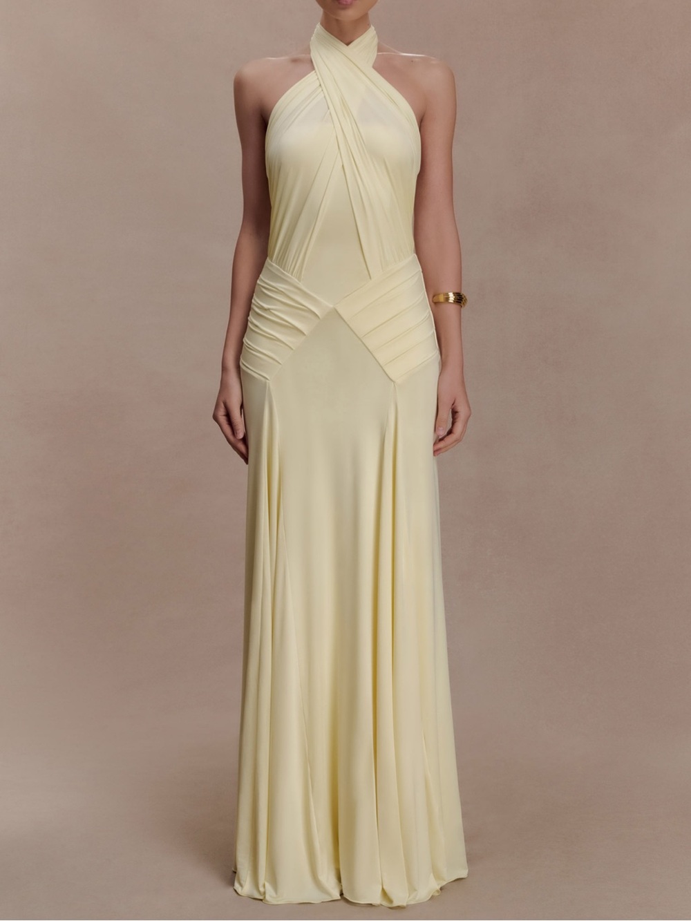 Indira Gathered Slinky Halter Maxi Dress